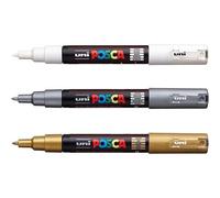 3 Marqueurs Posca Pc-3m Blanc, Or Et Argent Pointe Fine Conique