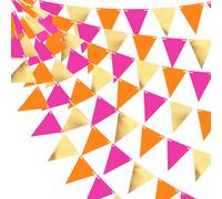 3 mètres/9,84 pieds Décorations de fête rose vif, orange, or, banderole en papier triangulaire rose et orange, guirlande de fanions, convient pour mariage, anniversaire, douche nuptiale, décoration de