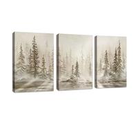 3 Pcs Neutre Abstrait Paysage Tableau Decoration Murale Avec Cadre, Brumeux Ensoleillé Pin Forêt Impression Sur Toile Beige Rustique Fermier Tableau Peinture Décor pour Chambre Salon Cuisine 30x40cmX3