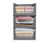 3 PCS Organisateur Empilable Tiroir, Vetement Armoire Empilable Tiroir Coulissant, Rangement Vetement pour Placard, Cuisine, Salle de Bain, Chambre à Coucher (Gris, Lot de 3, 33.5*43*54.5 cm)