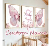 3 pièces Affiche sur canevas personnalisée avec photo et texte, nom personnalisé, peinture imprimée avec nœud rose, papillon et fleurs, image à suspendre, cadeau idéal pour elle, cadeau personnalisé p
