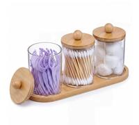 3 Pièces Boîte à Coton Tige Moderne - Rangement Coton Tige et Coton Démaquillant Couvercle en Bambou - Cotton Bud Holder Coton Tige Acrylique pour Coiffeuse et Salle de Bain