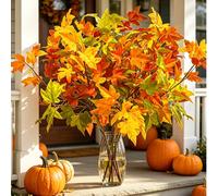 3 pièces Branches de feuilles d'érable artificielles, feuilles d'automne réalistes, mélange de vert, jaune, rouge et orange, décoration de fête de récolte de Thanksgiving, décoration de couronne, salo