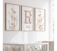 3 pièces Cadre en bois sans cadre Peinture artistique personnalisée avec nom rose, Fleurs sur canevas Image murale à accrocher, Décoration de chambre de fille, Décoration de maison Salon, Cadeau d'ann