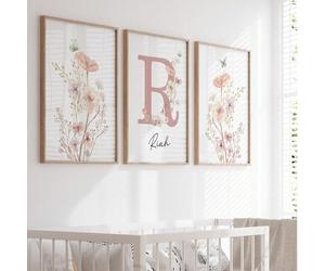 3 pièces Cadre en bois sans cadre Peinture artistique personnalisée avec nom rose, Fleurs sur canevas Image murale à accrocher, Décoration de chambre de fille, Décoration de maison Salon, Cadeau d'ann