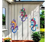 3 pièces Décoration murale en métal de gecko, 4 pièces Sculpture suspendue en fer 3D de lézard, Décoration de jardin et de maison extérieure, Ornement pour salon et balcon, Cadeau de pendaison de crém