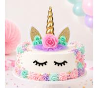 3 pièces Décorations de gâteau licorne avec cils, fournitures de fête d'anniversaire, décorations de gâteau licorne avec corne dorée, décorations d'anniversaire licorne Blocs de couleur,graphiqueNon-t