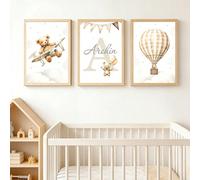3 pièces Ensemble d'affiches murales personnalisées, peinture sur canevas imprimée d'un ours en montgolfière, peinture sur canevas de forêt avec avion et nom personnalisé, décoration murale de chambre