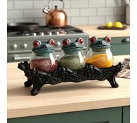 3 pièces Ensemble de bocaux de potion style gothique sorcière et grenouille, bocal de rangement en céramique fait main avec couvercle en forme de grenouille et base en métal, bocal à épices de cuisine