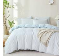 3 pièces Ensemble de housse de couette rayée bleu clair, fournitures de chambre à coucher, microfibre lavée luxueuse jacquard, ensemble de literie 3 pièces, motif de rayures verticales blanc et bleu,