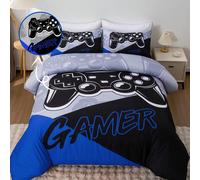 3 pièces Ensemble de literie de contrôleur de jeu patchwork bleu-noir-gris/rouge-noir-gris, comprenant 1 housse de couette et 2 taies d'oreiller, microfibre douce, convient pour la chambre, le dortoir