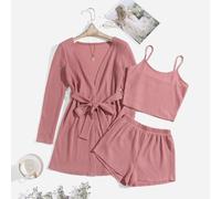 3 pièces Ensemble de peignoir à tricot gaufré avec ceinture, débardeur et short de détente. Tenue confortable pour l'automne et l'hiver L,M,S,XLUnicoloreÉtoffe