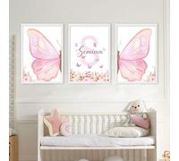 3 pièces Ensemble de peinture sur canevas personnalisée avec cadre magnétique/sans cadre, papillon avec nom personnalisé. Affiche florale rose personnalisée, peinture florale, convient pour la décorat