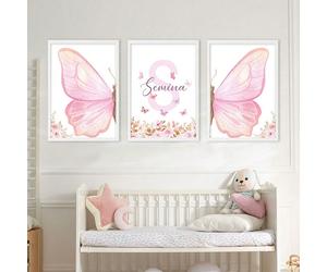 3 pièces Ensemble de peinture sur canevas personnalisée avec cadre magnétique/sans cadre, papillon avec nom personnalisé. Affiche florale rose personnalisée, peinture florale, convient pour la décorat