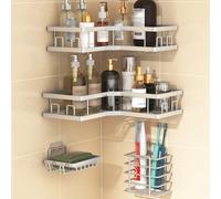 3 pièces Ensemble d'étagères de salle de bain en acier inoxydable - Étagère de douche d'angle, Étagère de rangement adhésive murale, Contenants pour shampoing, savon et gel douche Rentrée scolaire Sal