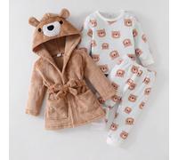 3 pièces/Ensemble Vêtements de maison pour bébé garçon, Peignoir à capuche en polaire corail + Pyjama à manches longues et pantalon long avec imprimé ours, Tissu côtelé doux, Vêtements de maison pour 