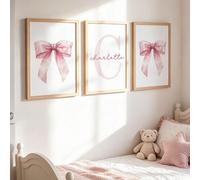 3 pièces Impression d'art mural personnalisée avec nom personnalisé, ours endormi, nœuds, peinture sur canevas, étoiles roses, nuages, lune, image suspendue, montgolfière, affiche style fille pour cha