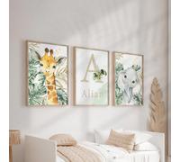 3 pièces Impressions d'art personnalisées avec nom Affiches sur canevas d'animaux de la jungle personnalisées Éléphant Images murales Girafe Peintures sur canevas Impressions d'art de feuille de palmi