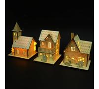 3 Pièces Maison Lumineuse en Bois Noël Décorative D’Ambiance | Set de 3, Bois Marron, Batterie Bouton Incluse, Style Rustique, pour Cheminée, Vitrine et Rebord