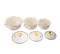 3 Pièces Mini Marmite en Émail à Double Poignée avec Couvercle | Fond Plat, Surface Lisse Antiadhésive, Style Vintage Rétro, pour Plaques à Induction et Gaz