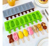 3 pièces Moules à glaces en forme d'animaux de bande dessinée et de fruits avec couvercles et bâtons en bois, conception monobloc à 8 cavités, idéal pour le rafraîchissement estival, convient aux amat