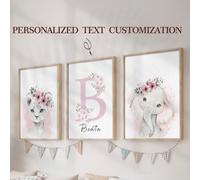 3 pièces Peinture sur canevas personnalisée avec nom, imprimés d'art d'animaux lion et éléphant, fleurs roses et feuilles, affiche murale pour chambre de bébé fille, salle à manger, salon, décoration 