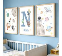 3 pièces Peinture sur canevas personnalisée avec photo et nom, art mural suspendu bleu espace, fusée, astronaute, planète, étoile, animal vert, dinosaure, plante, décoration murale pour chambre de gar