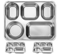 3 Pièces Plateau-repas Compartimenté Acier Inoxydable 28x22x3,5cm | 5 Compartiments Bords Lisses, Rectangulaire pour Garçon Fille, Usage Cantine Scolaire et Plats