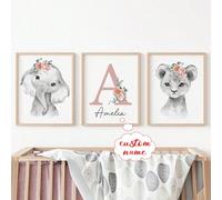 3 pièces/set Affiche sur canevas sans cadre personnalisée - Impression murale avec nom personnalisé, Peinture murale personnalisée d'éléphant et de lion, Peinture murale personnalisée avec nom, élépha