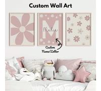 3 pièces/Set Affiches sur canevas sans cadre personnalisées - Art de nom personnalisé, impression de marguerite rose, décoration de chambre florale, décoration de chambre marguerite rose, salle à mang