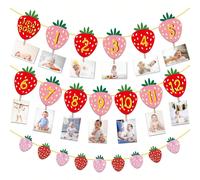 3 pièces/Set Bannière photo mensuelle Fraise - Bannière mensuelle 1er anniversaire Sweet Berry 12 mois Photographie Jalon Fanion Guirlande Pour Fête d'anniversaire première Fraise, Décoration de fête