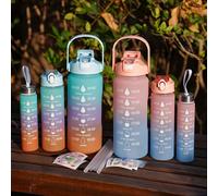 3 pièces/Set, Bouteilles d'eau de motivation 2000ml+800ml+300ml avec paille et manchon de bouteille, Bouteilles d'eau en plastique 2000ml+800ml+300ml, Gobelets d'eau de sport, Gobelets à boire portabl