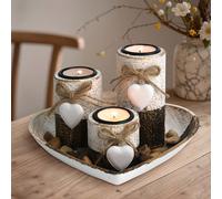 3 pièces Set de bougeoirs en bûche d'arbre, support de bougie en bois antique complet en forme de cœur, décoration de nœud en corde, bougeoirs en bois pour bougie chauffe-plat, bol décoratif en forme