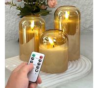 3 pièces Set de Bougies sans Flamme avec Minuterie/Télécommande, Alimentées par Batterie, Bougies de Vœux, Bougies Inodores, Couvercle en Verre Transparent de Haute Qualité, 3 pièces de Bougies Pilier