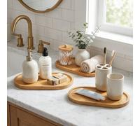 3 pièces Set de plateau de vanité en bambou, organisateur de comptoir de salle de bain en bois ovale, peut contenir un distributeur de savon, des bougies et du parfum, petit plat de rangement naturel 