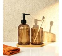 3 pièces Set de salle de bain rayé marron - Bouteilles distributrice + Gobelet de rinçage + Plateau, Accessoires de salle de bain Verre