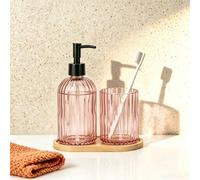 3 pièces Set de salle de bain rayé rose - Bouteille distributrice + Gobelet de rinçage + Plateau, Accessoires de salle de bain Verre