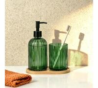 3 pièces Set de salle de bain rayé vert armée, comprenant des bouteilles distributeurs, un gobelet de rinçage et un plateau Verre