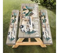 3 pièces Set de table et chaises de camping et pique-nique, design bois et camping - Set de nappe rectangulaire extérieure en polyester durable à bord élastique, convient pour l'intérieur, le patio, l
