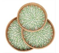 3 Plateaux Ronds en Rotin avec Incrustations de Nacre, Style Bohème, pour Table Basse.