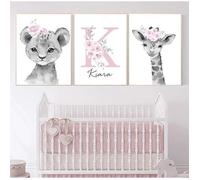 3 Toile Prenom Chambre Bebe Enfant Poster Girafe Lion Fleurs Tableau Gris et Rose Affiche Personnalisée Bébé 30x40 sans Cadre