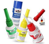 3 x 50g de colle instantanée avec activateur en spray 200ml - Kit de colle universelle XXL- Colle cyanoacrylate industrielle de Top2Glue - 1 x fluide 1 x viscosité moyenne 1 x fluide épais