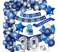 30 Ans Décoration Anniversaire Homme Chrome Bleu Argent,Royal Bleu Ballons Arch Kit avec Joyeux Anniversaire Bannière Cake Topper Nappe Birthday Sash Grand Ballon Numéro 30