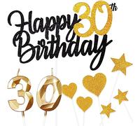 30 Ans Noir Or Decoration Gateau Anniversaire 9 Pcs,Double Glitter Happy 30th Birthday Cake Topper Deco avec,30 Ans Bougies,Star Heart Cupcake,Décoration de Gâteau pour Femmes/Homme
