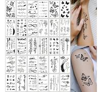 30 feuilles d'autocollants de tatouage temporaire avec motifs de cœur noir, ECG, papillon, dessin au trait, fleur, plume, lune et lettres pour femmes. Imperméables et convenant pour le maquillage de f