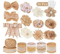 30 fleurs en toile de jute comprenant 5 rouleaux de ruban en dentelle de jute, 24 fleurs et nœuds faits à la main, 1 ruban ficelle e