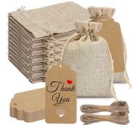 30 Pcs Pochette Jute et 30 Pcs Étiquettes Cadeaux Kraft,Pochettes Sachets en Lin Chanvre 10 * 14cm, Sac de Jute Pochette avec Cordon de Serragepour Bijoux Cadeaux Bonbons Grains de Café Artisanat