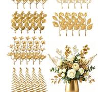 30 pièces/1 pièce de tiges de plantes artificielles mini feuilles dorées, eucalyptus, cèdre, feuilles d'orme, convient pour la décoration de couronne de mariage, artisanat de couronne fait main, décor