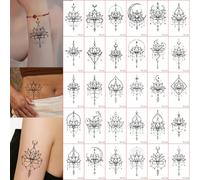 30 pièces Autocollants de tatouage temporaire à petit motif noir, autocollants de tatouage imperméables avec design de lune & lotus, convient pour les hommes et femmes adultes, art du tatouage graphiq