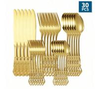 30 pièces Ensemble de couvert vintage royal argenté pour Noël, 6 pièces Ensemble de couverts en acier inoxydable résistant à la rouille comprenant fourchettes, cuillères et couteaux, décoration de mai